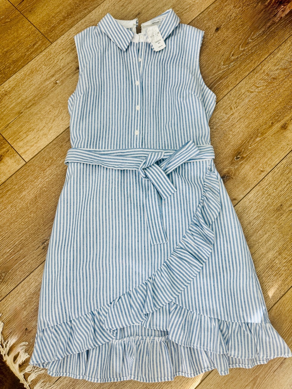 English Factory Blue and White Striped Sleeveless Dress with Waist Tie